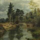 Maler des 19. Jh. ''Rehe am Waldesrand'' am Flussufer stehen… - Foto 1