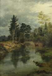 Maler des 19. Jh. ''Rehe am Waldesrand'' am Flussufer stehen…