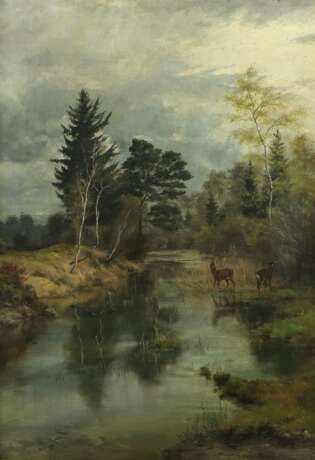 Maler des 19. Jh. ''Rehe am Waldesrand'' am Flussufer stehen… - photo 1
