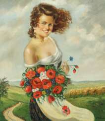 Maler des 20. Jh. ''Junge Dame mit Mohnblumen'', Bildnis vor…
