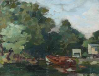 Maler des 20. Jh. ''Am Flussufer'', stilisierte Sommerlandsc…