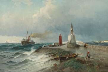 Maler des 19./20. Jh. ''Leuchtturm mit Mole'', Küstenpartie …