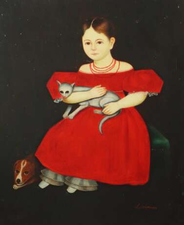 Künstler/Kopist des 20. Jh. ''Mädchen in rotem Kleid mit Kat… - photo 1