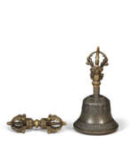 Pewter. A METAL ALLOY AND BRONZE GHANTA AND A BRONZE VAJRA
