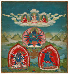 A SMALL PAINTING OF GUHYASAMAJA AKSHOBHYAVAJRA, SHADBHUJA MAHAKALA AND YAMA DHAMARAJA