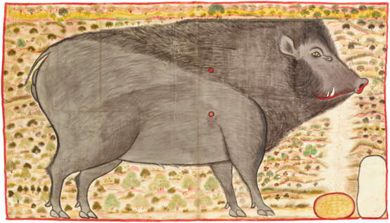 A LARGE CLOTH PAINTING OF A BOAR - Foto 1