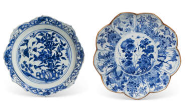 TWO BLUE AND WHITE FOLIATE DISHES