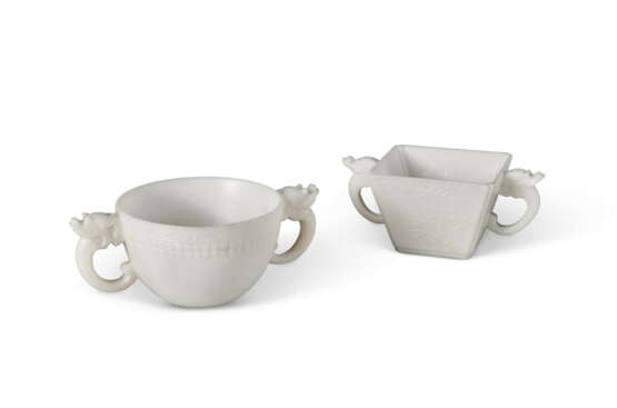 TWO CARVED WHITE STONE TWO-HANDLED CUPS - photo 1