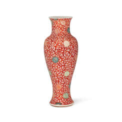 A RARE AND UNUSUAL IRON-RED-DECORATED AND TURQUOISE AND GREEN-GLAZED BALUSTER VASE