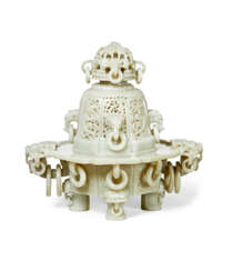 A CARVED GREENISH-WHITE JADE OCTAGONAL CENSER AND COVER