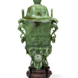 A CARVED SPINACH-GREEN JADE DEEP TRIPOD VESSEL AND COVER - photo 1