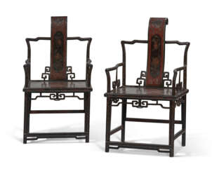 A PAIR OF LACQUERED AND INCISED SOFTWOOD ARMCHAIRS