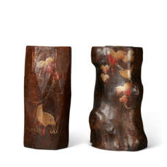 A PAIR OF LACQUERED WOOD VASES