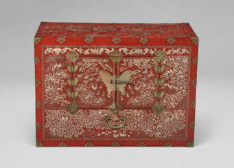 A MOTHER-OF-PEARL INLAID RED LACQUER STORAGE CHEST