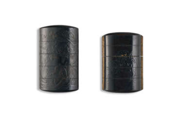 TWO BLACK LACQUER INRO