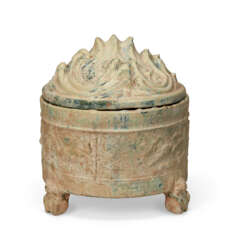 A GREEN-GLAZED POTTERY CYLINDRICAL ‘HILL’ CENSER AND COVER