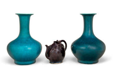 TWO TURQOUISE-GLAZED VASES AND AN AUBERGINE-GLAZED 'CADOGAN' TEAPOT