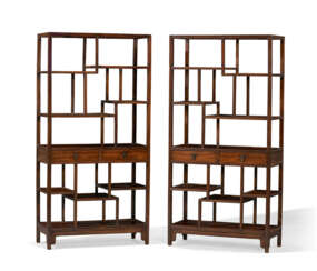 A PAIR OF HARDWOOD DISPLAY SHELVES