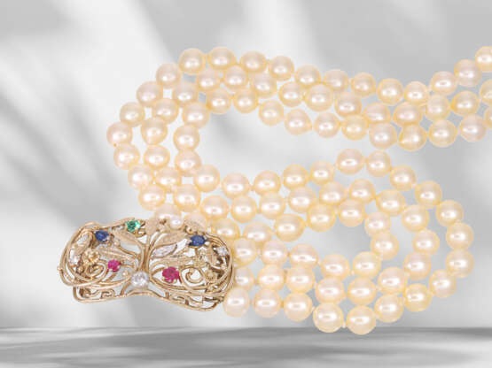 Very beautiful 3-row cultured pearl necklace with coloured s… - photo 2