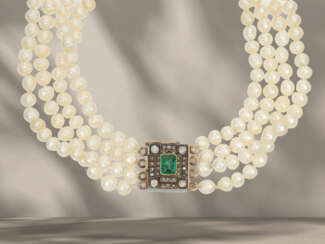 Chain: antique Oriental pearl necklace with emerald/diamond …