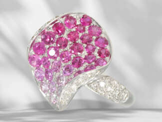 Ring: elaborate, modern cocktail ring with rubies, pink sapp…