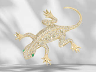 Designer brooch with emerald and diamond setting "Salamander…