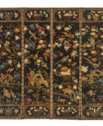 Leather. A POLYCHROME-PAINTED AND PARCEL-GILT SIX-PANEL LEATHER SCREEN