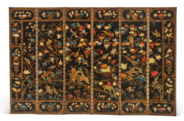 A POLYCHROME-PAINTED AND PARCEL-GILT SIX-PANEL LEATHER SCREEN