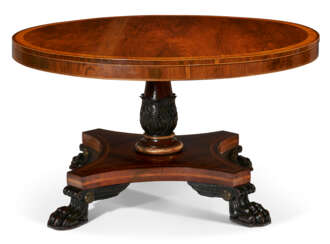 A REGENCY ORMOLU-MOUNTED, ROSEWOOD, AMBOYNA, ROSEWOOD-GRAINED, AND PARCEL-EBONIZED CENTER TABLE