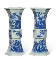 A PAIR OF CHINESE PORCELAIN BLUE AND WHITE HEXAGONAL GU-FORM VASES