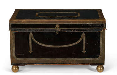 AN ENGLISH BRASS-MOUNTED LEATHER TRUNK