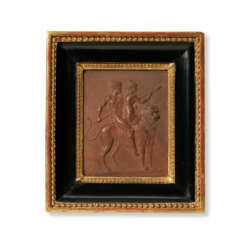 A RECTANGULAR TERRACOTTA RELIEF OF BACCHUS AND A BACCHANTE ASTRIDE A PANTHER