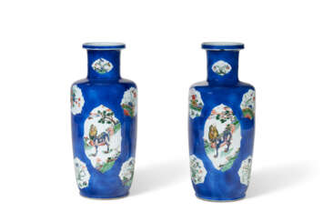 A PAIR OF CHINESE FAMILLE VERTE AND POWDER BLUE VASES