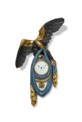 AN AUSTRIAN EBONIZED BLUE-PAINTED AND PARCEL-GILT CARTEL CLOCK