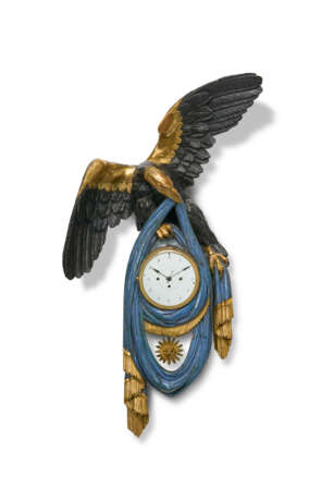 AN AUSTRIAN EBONIZED BLUE-PAINTED AND PARCEL-GILT CARTEL CLOCK - Foto 1