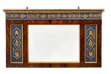 A NORTH ITALIAN WALNUT, BLUE-PAINTED AND PARCEL-GILT OVERMANTEL MIRROR