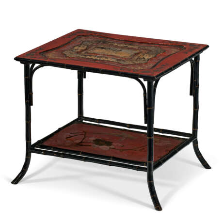 A LACQUER INSET GILT, BLACK AND RED PAINTED TWO-TIER SIDE TABLE - фото 1