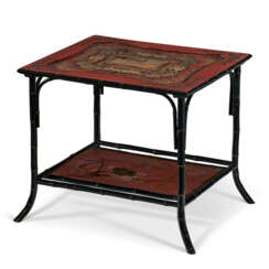 A LACQUER INSET GILT, BLACK AND RED PAINTED TWO-TIER SIDE TABLE