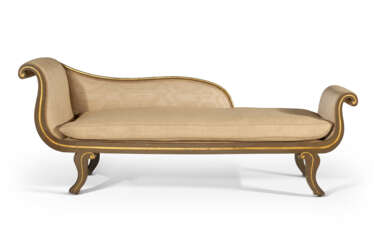 A REGENCY GREEN-PAINTED AND PARCEL-GILT CHAISE LONGUE