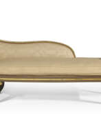 Gold ground. A REGENCY GREEN-PAINTED AND PARCEL-GILT CHAISE LONGUE