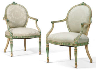 A PAIR OF GEORGE III CREAM AND BLUE-PAINTED ARMCHAIRS