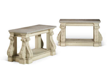 A PAIR OF CUSTOM 'WILLIAM KENT' PAINTED AND LIMESTONE-TOPPED CONSOLE TABLES