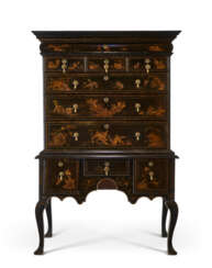A GEORGE I BLACK, GILT, AND POLYCHROME JAPANNED AND PARCEL-GILT CHEST-ON-STAND