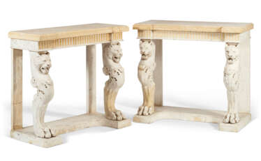 A PAIR OF FAUX-MARBLE PAINTED SCAGLIOLA AND COMPOSITION CONSOLE TABLES