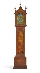 A GEORGE III SCARLET, GILT, AND POLYCHROME-JAPANNED LONG-CASE CLOCK