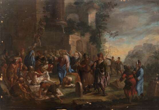 Maler 17./18. Jh "Biblische Szene-Auferstehung des Lazarus", Öl/ Holz, kl. Farbabplatzungen, unsign., 42x58,5 cm, ungerahmt - фото 1