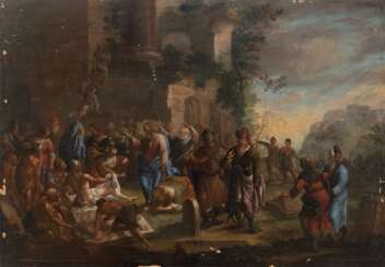 Maler 17./18. Jh &quot;Biblische Szene-Auferstehung des Lazarus&quot;, Öl/ Holz, kl. Farbabplatzungen, unsign., 42x58,5 cm, ungerahmt