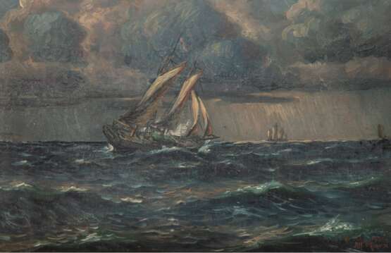 Marx, Alf. "Segelschiffe auf See", Öl/ Karton, sign. u.r. und dat. 1920, am rechten Rand besch., u.l. Knickspuren und min. eingerissen, 45x65 cm, ungerahmt - photo 1