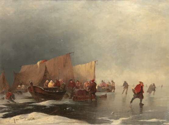 Elven, Jan Baptist Tetar van (1805 Amsterdam-1879 Voorschoten, Niederlande) "Eisvergnügen", Öl/Lw., signiert u.l., rücks. 1 Hinterlegung, 69x91 cm, Rahmen - Foto 1