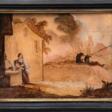 Hinterglasbild 18. Jh. &quot;Südländische Landschaft mit Anglern und junger Frau beim Wasser holen&quot;, Goldgrundmalerei, undeutl. sign. u.r. &quot;R. ..&quot;, 13x17,5 cm, Rahmen - Auktionsarchiv